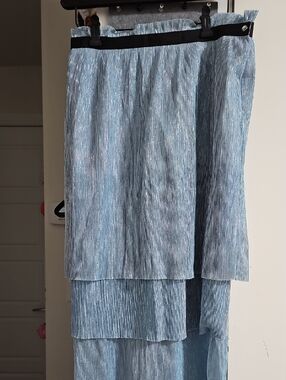 Maje Light Blue Tiered Pleated Maxi Skirt with Black Waist Trim